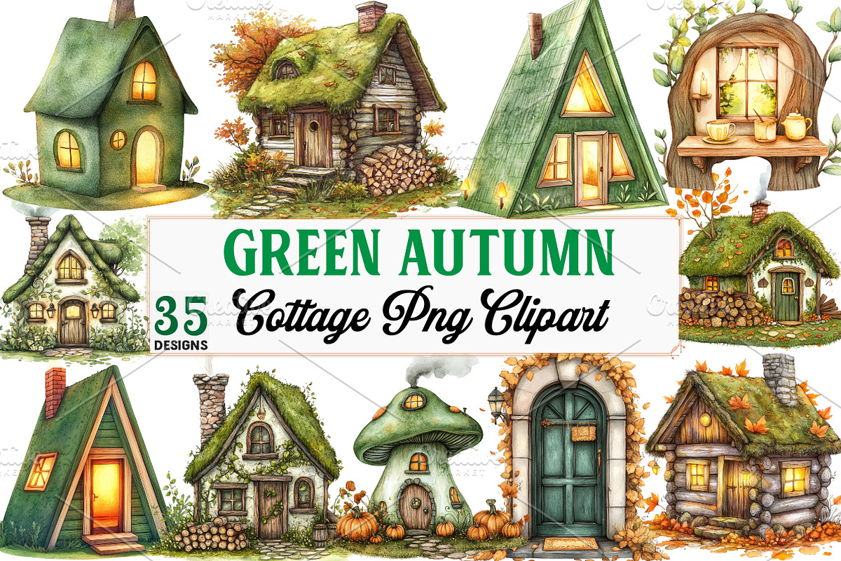 Green Autumn Cottage Clipart, an Illustration by Watercolor design (Photo 1 of 5)