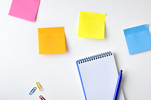 Colorful Sticky Notes and Notebook Workspace, a Business Photo by Davizro's Market