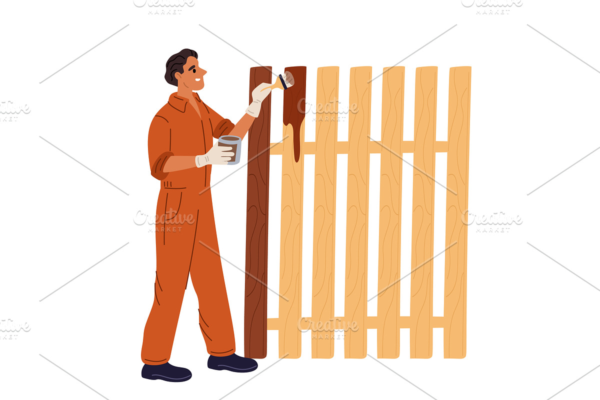 Male employee paints wooden fence, a Person Illustration by Vectorbuum