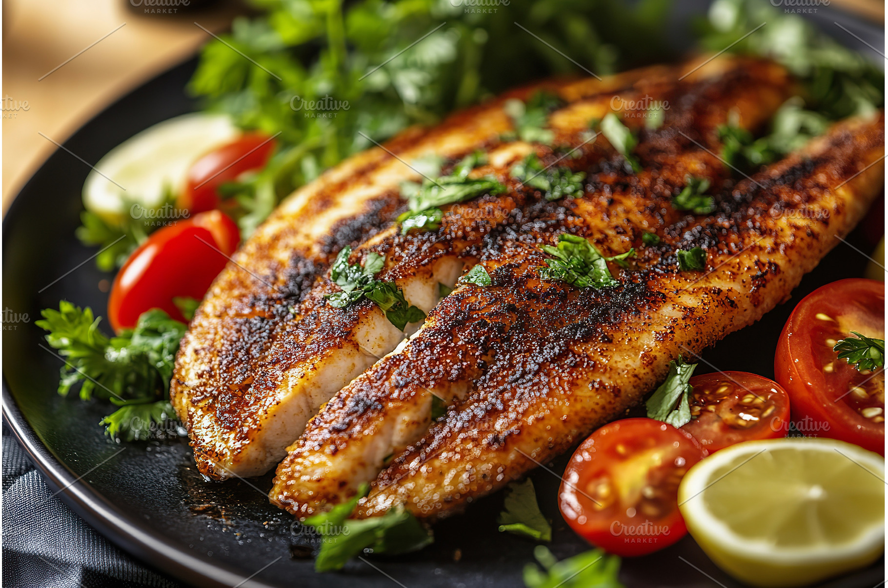 Blackened catfish served on black, a Food & Drink Photo by Lermont51