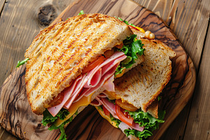 Toast sandwich with cheese, turkey ham, tomato and fresh lettuce on wooden tabl, a Food & Drink Photo by AlyaAnd