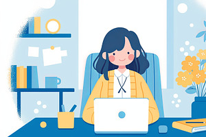 Woman working on computer in bright and cheerful home office setting, an Illustration by AS photostudio