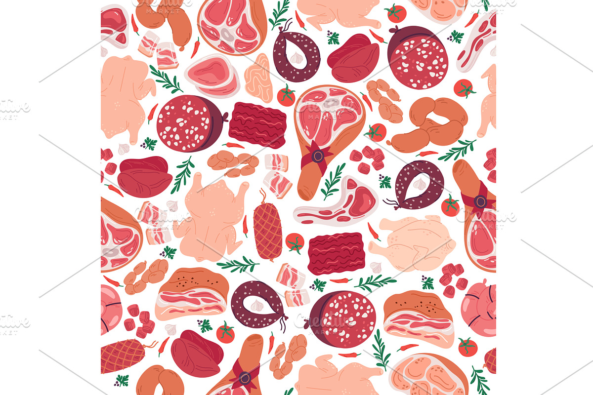 Meat products seamless pattern, a Food Illustration by Vectorbuum