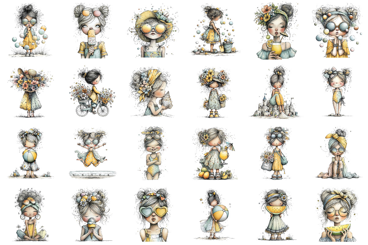 Whimsical Summer Girls Clipart, an Illustration by designcity5 (Photo 2 of 5)