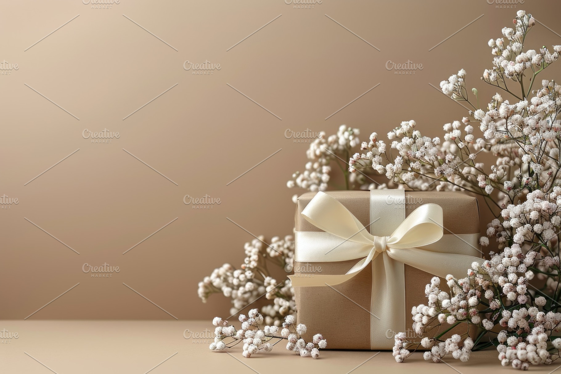 Elegant gift box with ribbon and soft floral arrangement neutral, a Holiday Photo by José Manuel Gelpi