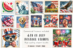 4th of July Postage Stamps Clipart, an Illustration by CreationArt