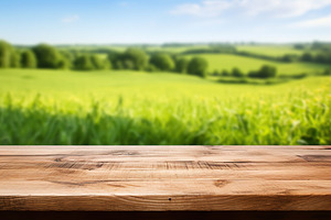 Wooden board on blurred green landscape background, a Background Photo by AlyaAnd