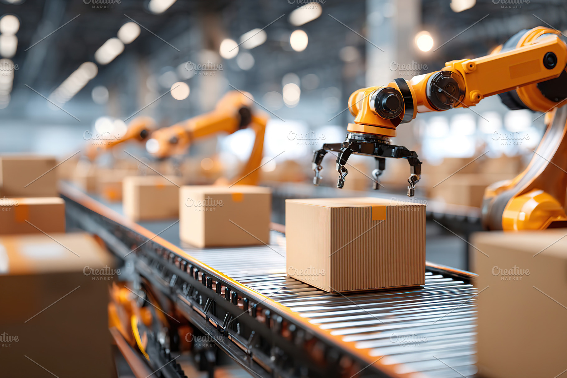 Automated robotic arms sorting packages in a modern warehouse environment durin, a Photo by AlyaAnd
