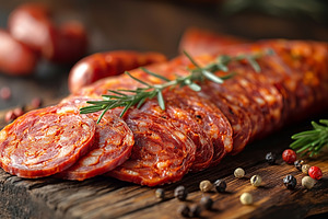 Sliced spicy chorizo sausage garnished with fresh rosemary on a, a Food & Drink Photo by ImageMir