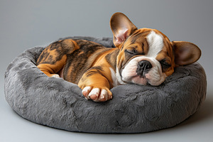 A sleepy brown and white bulldog puppy napping comfortably in a soft gray pet b, an Animal Photo by ImageMir