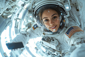 Caucasian Female Astronaut Floating Inside Space Station With A Smartphone