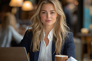 A confident young Caucasian woman with long blonde hair, dressed in a blazer, w, a Person Photo by ImageMir