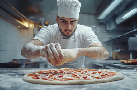 Chef skillfully stretches pizza doug, a Photo by Iftikhar Alam