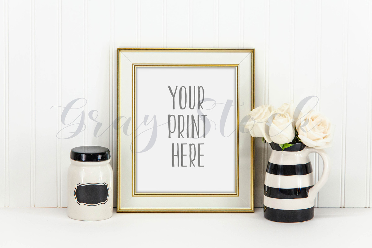 Gold & Cream Frame Mockup w/Roses, a Print Template by Gray Stock