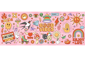 Cartoon retro groovy hippie symbolЫ, an Object Illustration by Buch&Bee