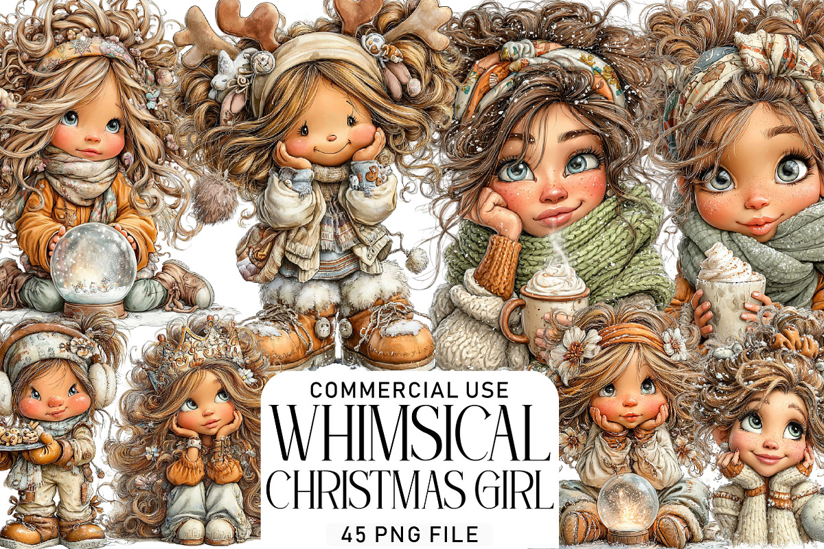 Whimsical Christmas Girl Clipart, an Illustration by Daily.Designs (Photo 1 of 5)