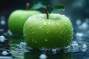 Fresh green apples floating in water, a Photo by Tanuart