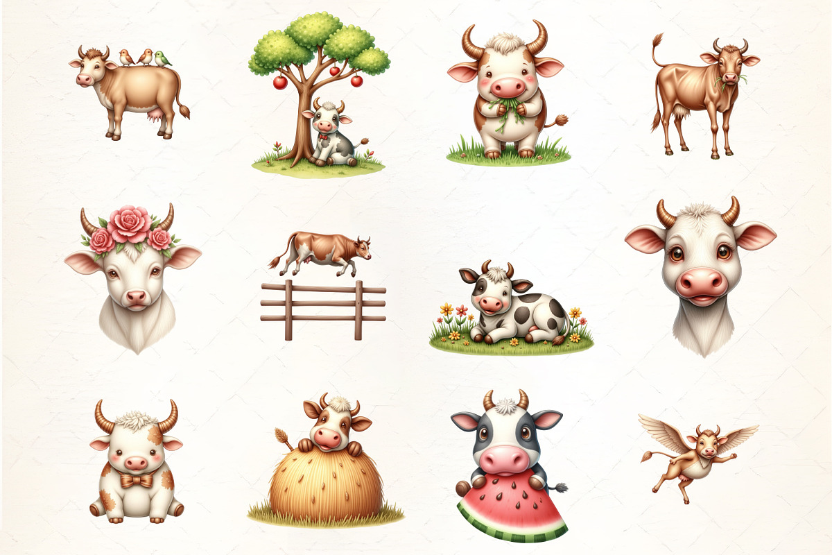 Funny Cows Clipart Cute Cow Png Farm, an Illustration by CrexoraLab (Photo 2 of 5)