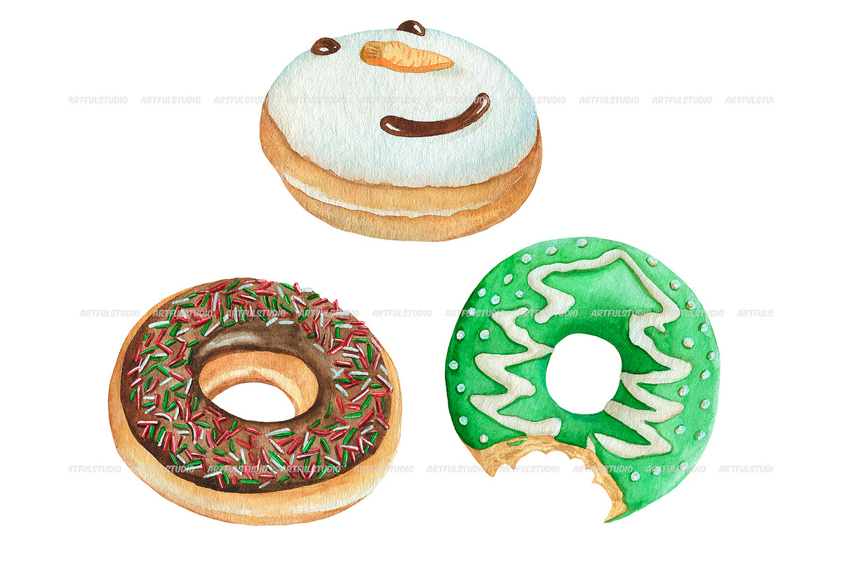 Watercolor Christmas donuts clipart, a Food Illustration by ArtfulStudio (Photo 4 of 7)