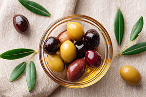 Assorted marinated olives arranged in a glass bowl with olive leaves on a cloth, a Food & Drink Photo by AlyaAnd