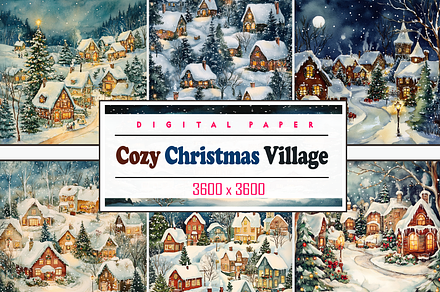 Watercolor Cozy Christmas Village, a Background Graphic by Printable Treasure