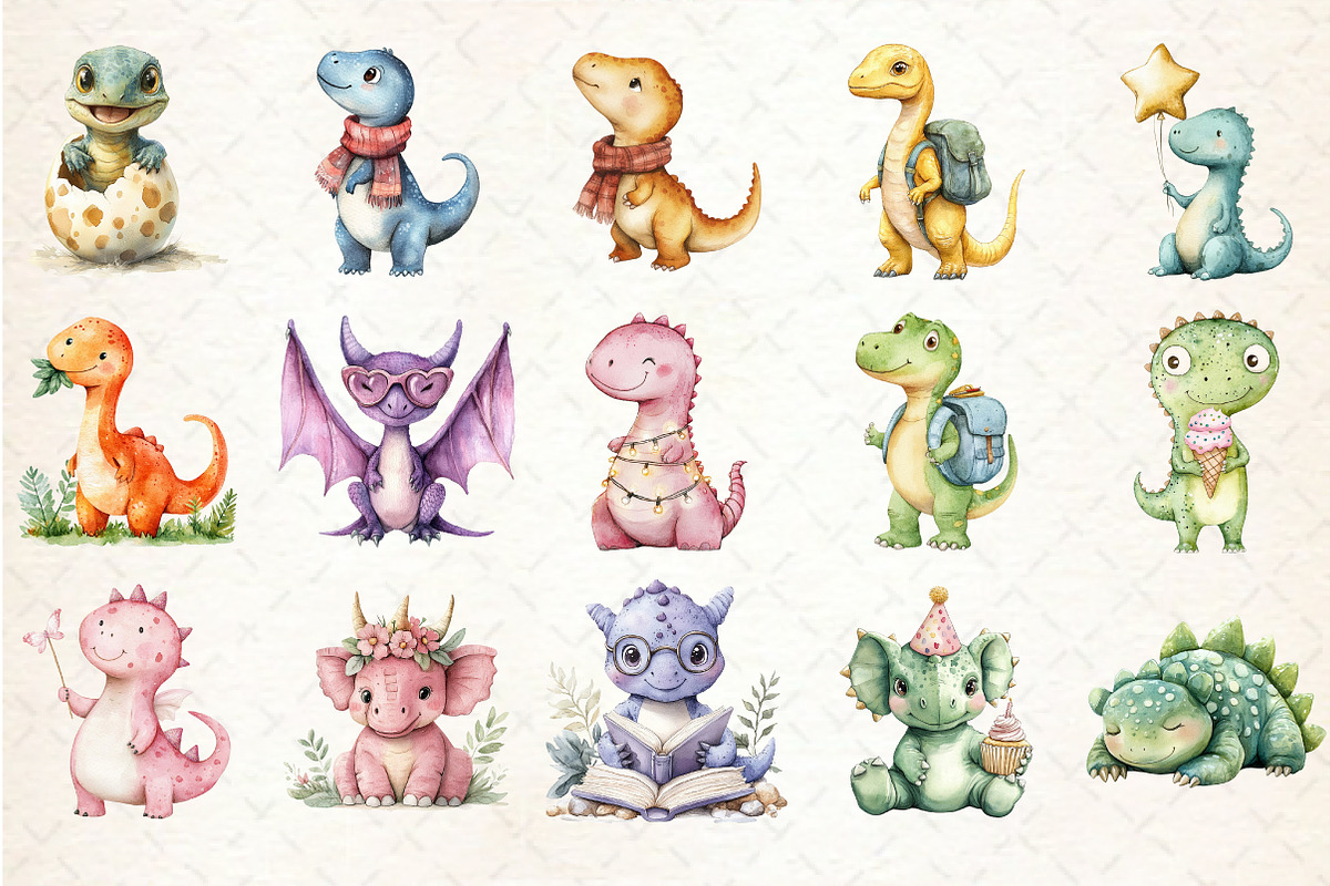 Cute Dinosaur Watercolor Clipart, an Illustration by Rose Art (Photo 2 of 7)