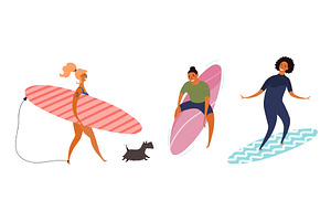 Woman, men surfers, dog on beach, a Person Illustration by sceptical cactus