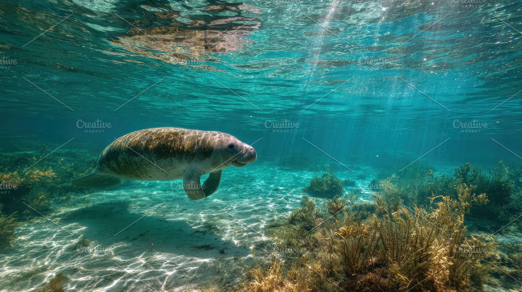 Swimming manatee in clear water, a Photo by Pavel_design