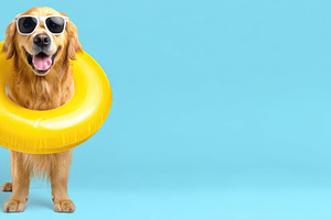 Happy Golden Retriever Wearing Sunglasses with Yellow Pool Float, a Nature Photo by José Manuel Gelpi