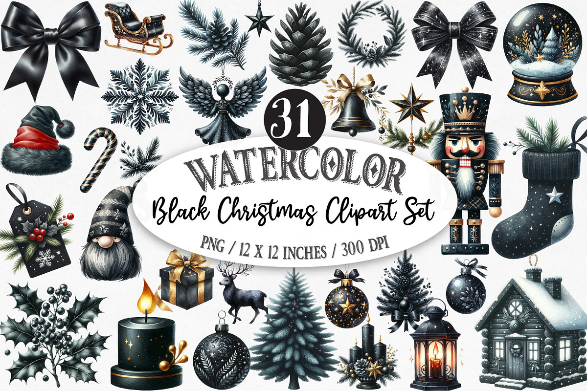 Black Christmas Clipart Set, an Illustration by Designking (Photo 1 of 5)