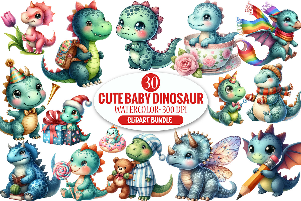 Watercolor Cute Baby Dinosaur PNG, an Illustration by Pixels.Craft (Photo 1 of 6)
