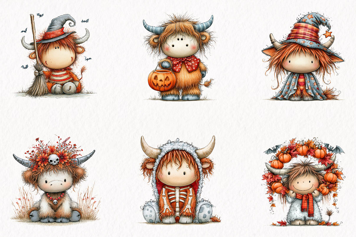 Halloween Highland Cow Clipart, a Seasonal Illustration by fashionaddict (Photo 2 of 7)