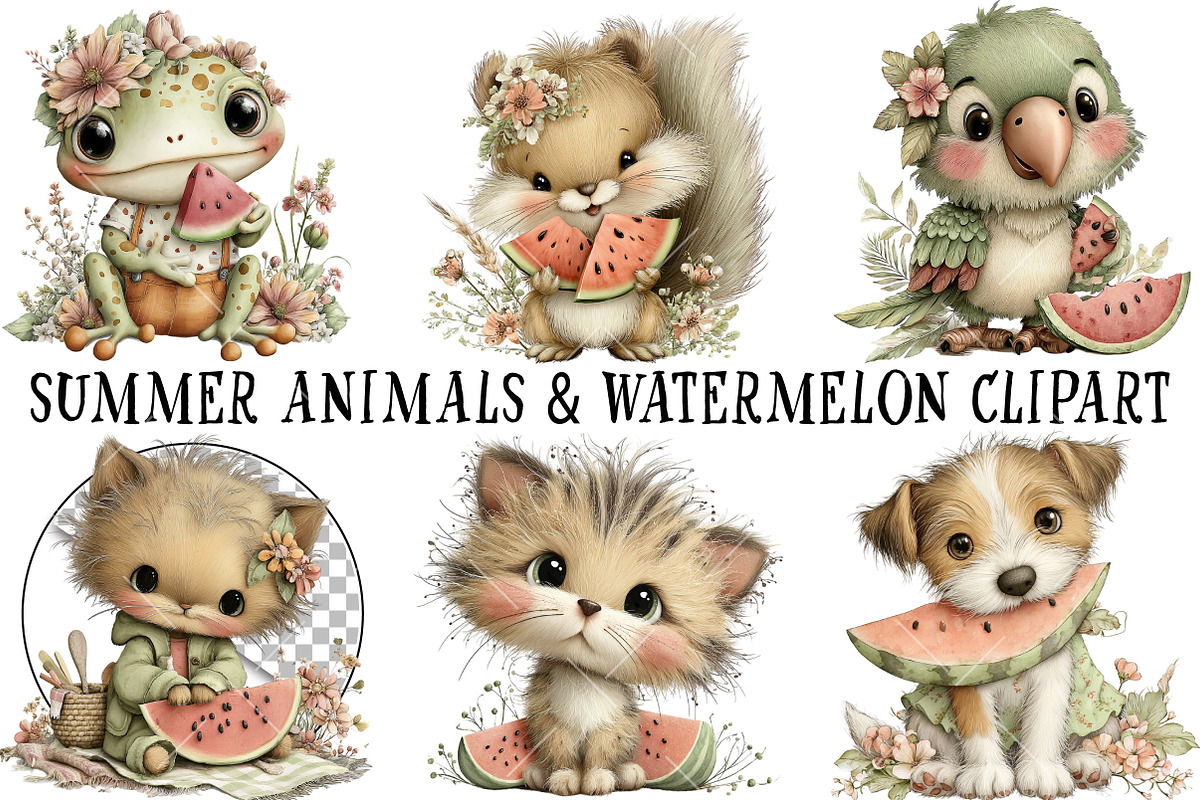Summer Animals & Watermelon Clipart, an Illustration by OK Design (Photo 2 of 6)