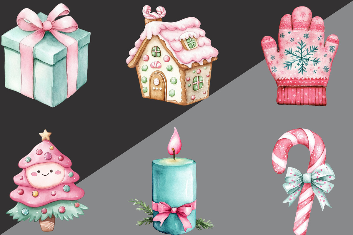 Kawaii Pink Mint Christmas Clipart, an Illustration by Black Bird Studio (Photo 4 of 6)
