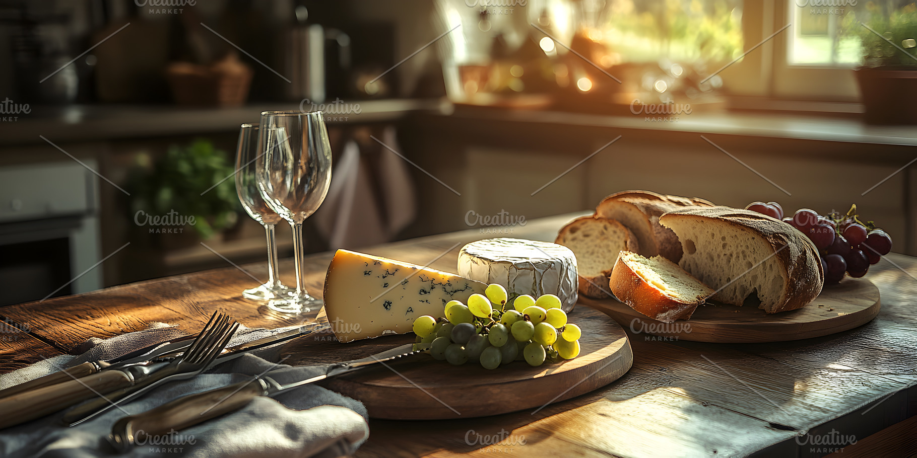 Cheese bread and grapes on rustic kitchen table, a Food & Drink Photo by Photostock