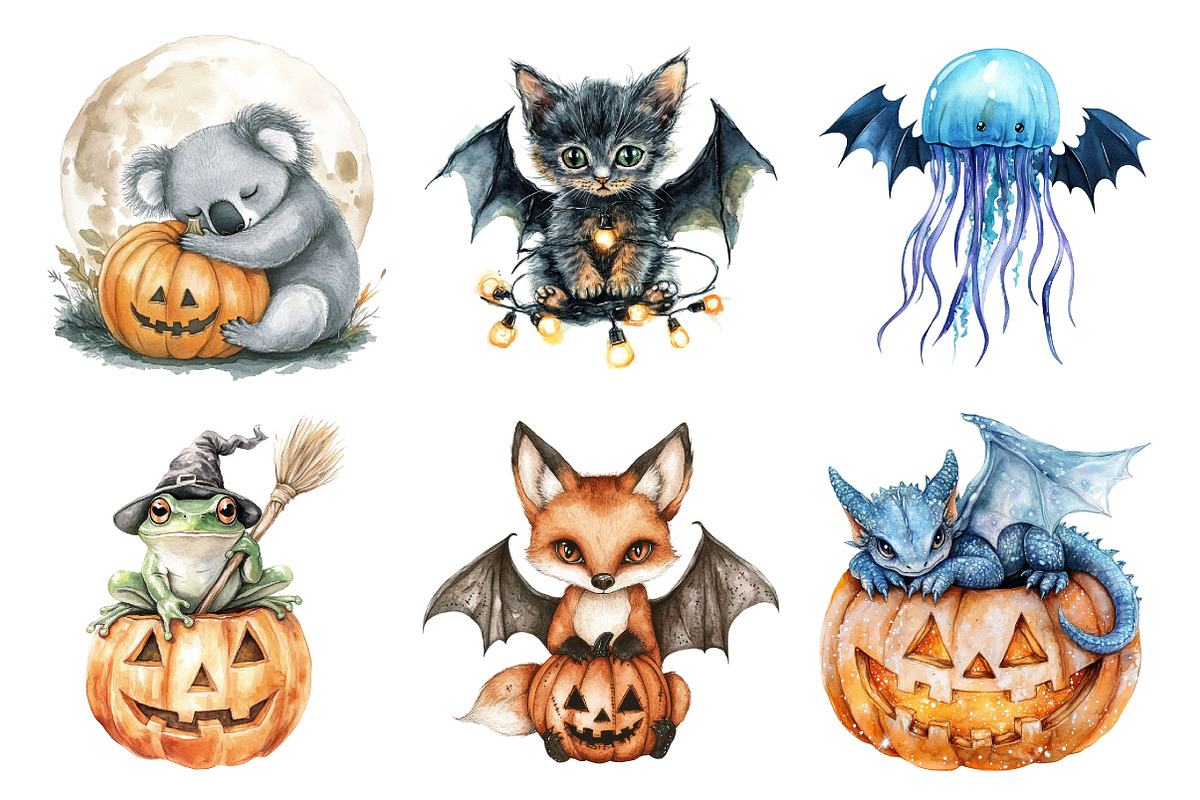 Watercolor Halloween Animals Clipart, an Illustration by Daily.Designs (Photo 3 of 5)