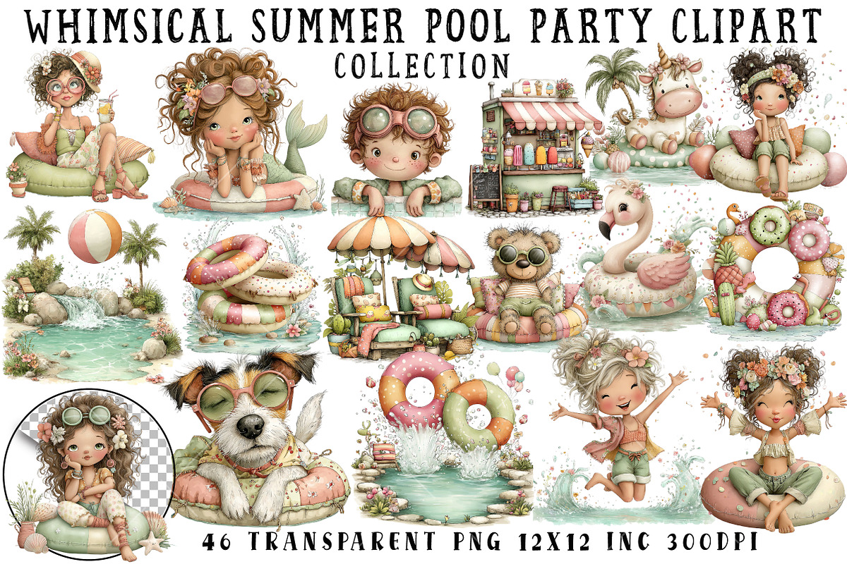 Whimsical Summer Pool Party Clipart, an Illustration by OK Design (Photo 1 of 6)