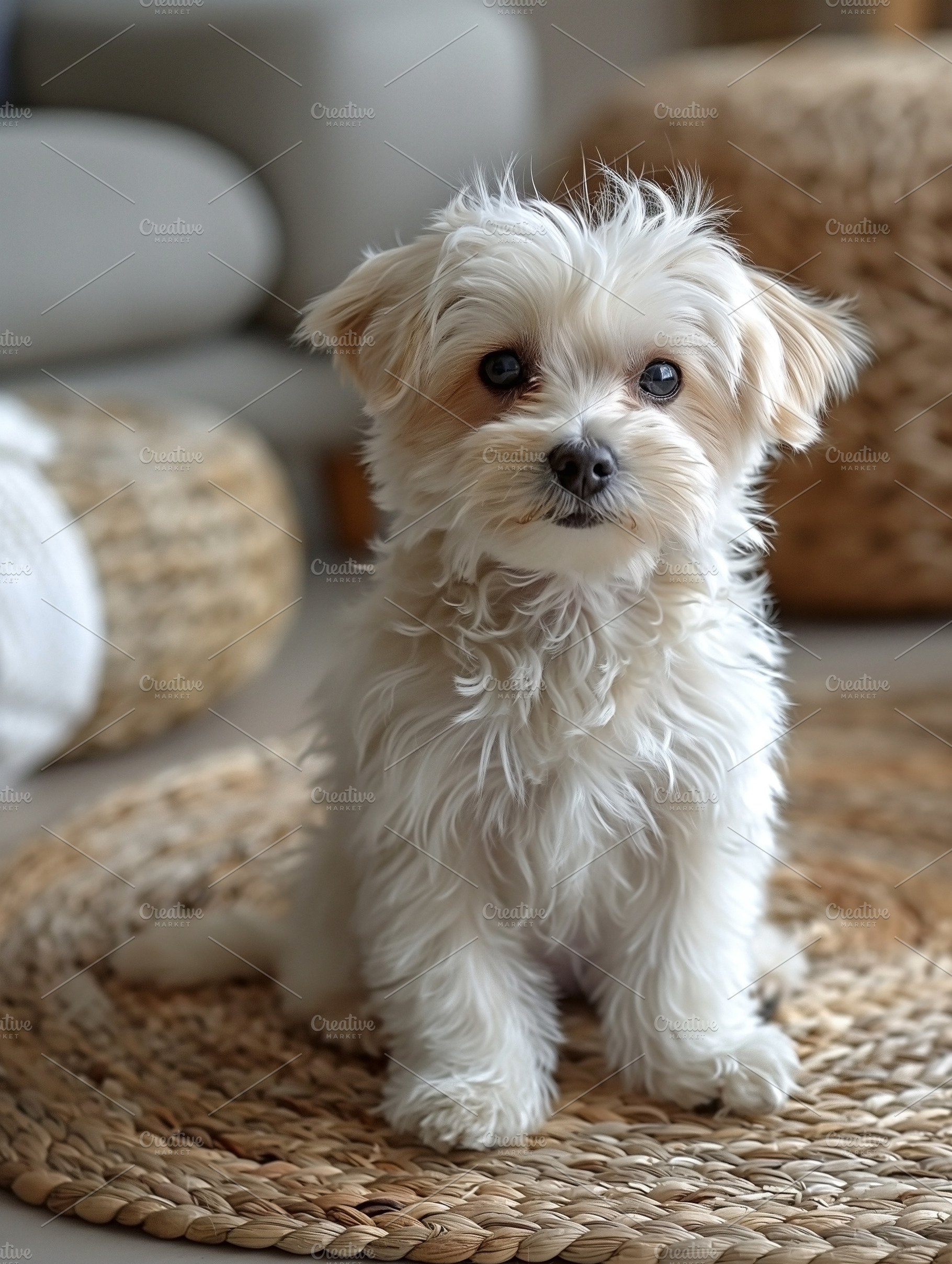 Adorable small Maltese dog with fluffy white fur sitting on a woven rug in a co, an Animal Photo by ImageMir