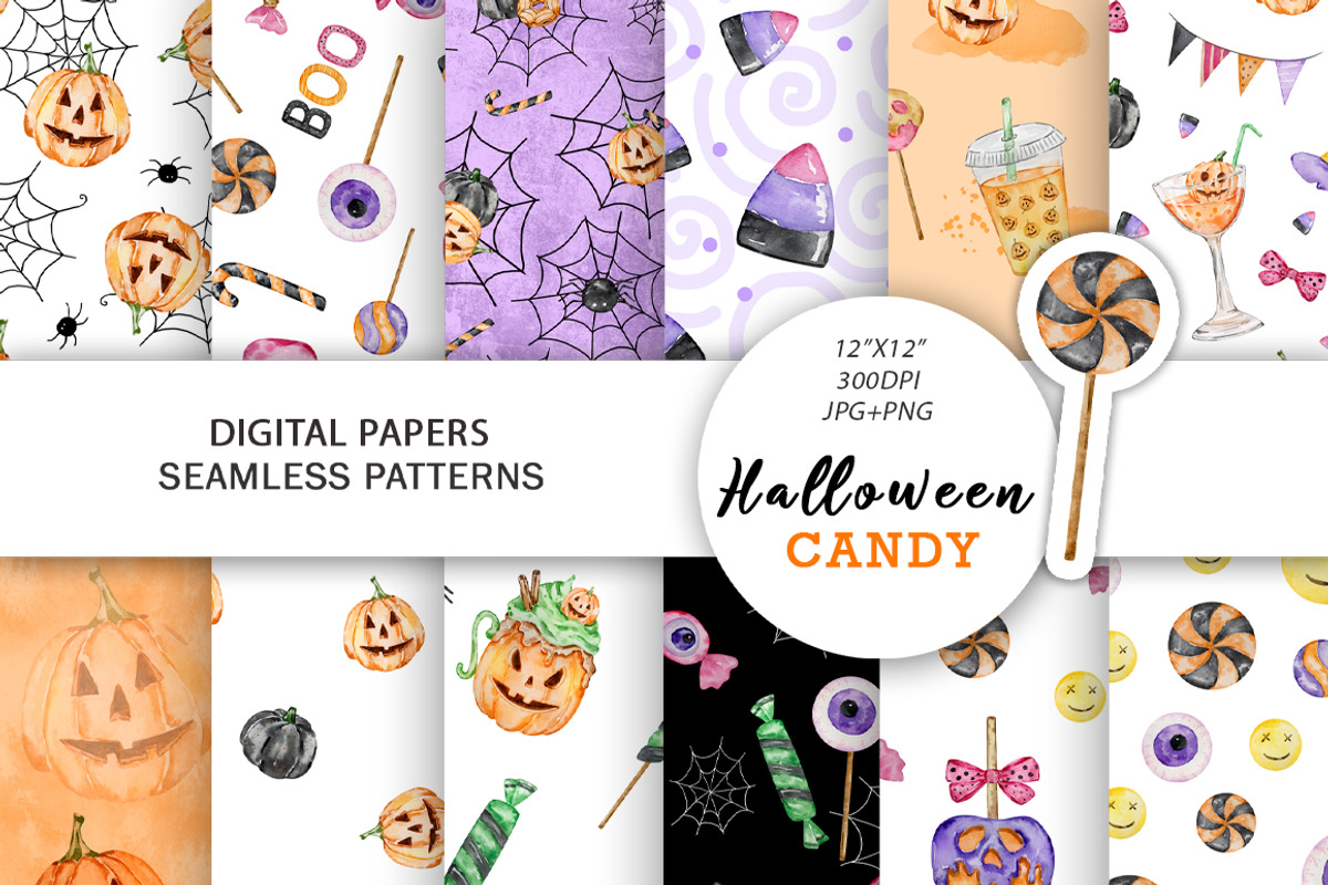 Watercolor Halloween Candy Patterns, a Pattern Graphic by SvetaArtStore (Photo 1 of 6)