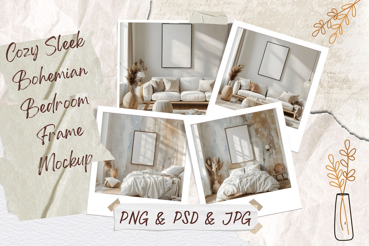 Cozy Sleek Bohemian Bedroom Mockup, a Mockup by StormDigitalArt