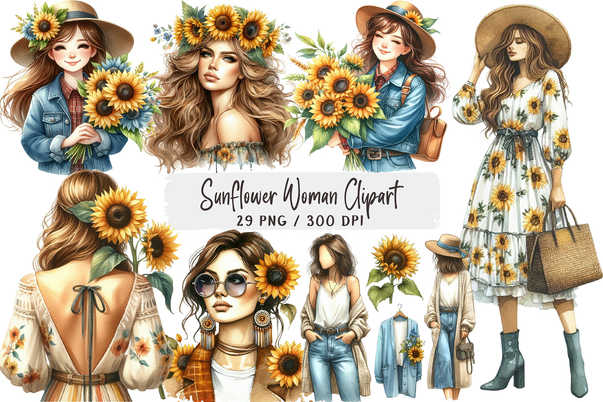 Watercolor Sunflower Woman Clipart, an Illustration by DreamArtGraphic (Photo 1 of 4)