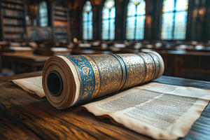 Ancient scroll displayed in a grand, a Photo by Tanuart