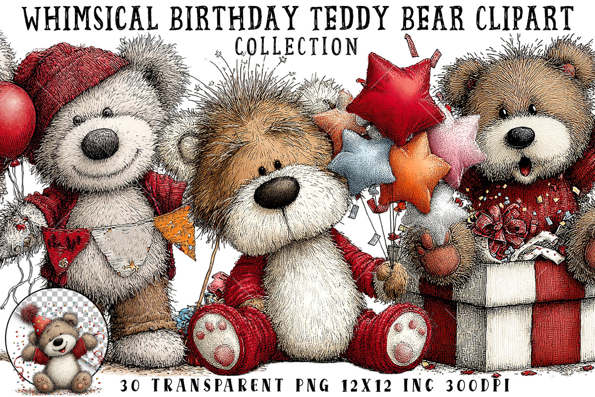 Whimsical Birthday Teddy Bear Clipar, an Illustration by OK Design (Photo 1 of 6)