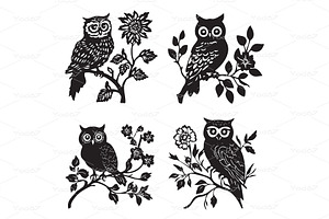 Owl and flower silhouettes on branch, an Animal Illustration by yod67