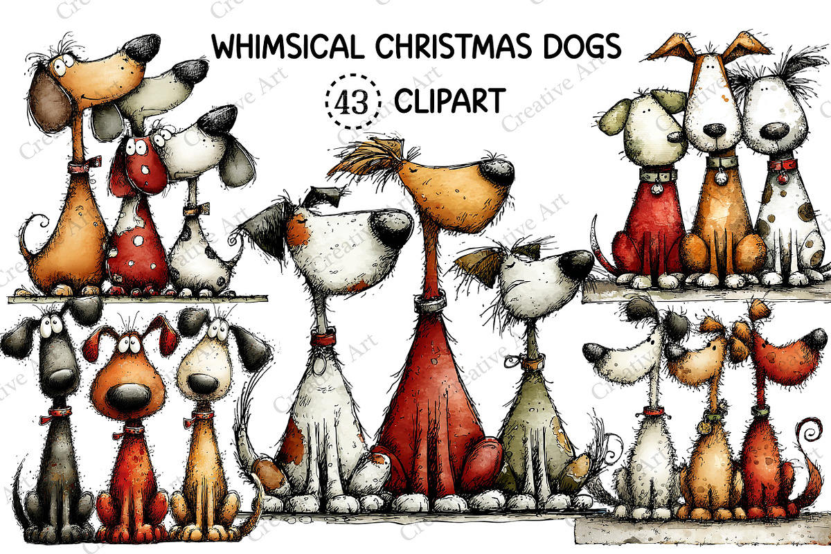 Whimsical Christmas Dogs Clipart, an Illustration by Creative Art (Photo 1 of 11)