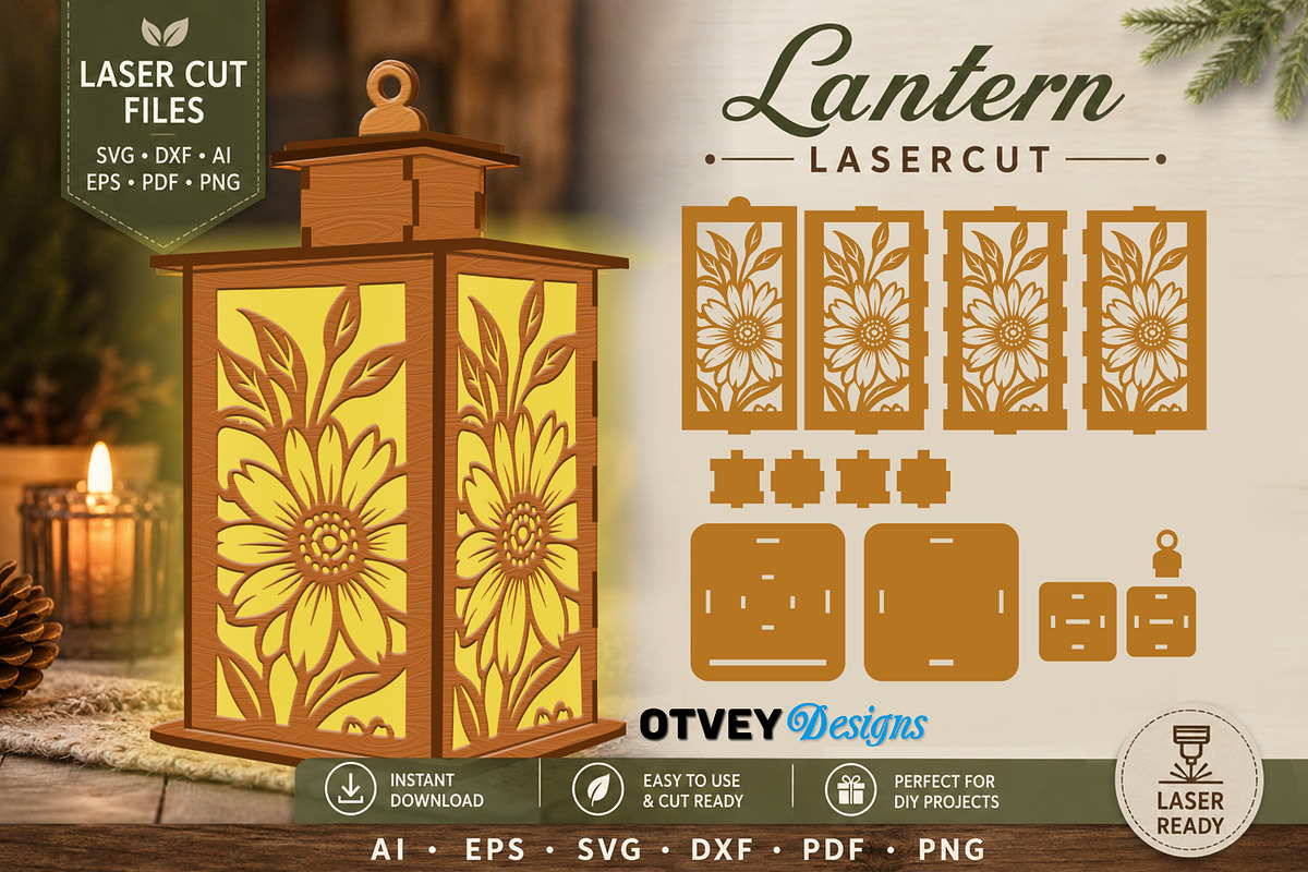 Floral Lantern SVG Bundle Laser Cut, a Decorative Illustration by OTVEY DESIGN (Photo 12 of 14)