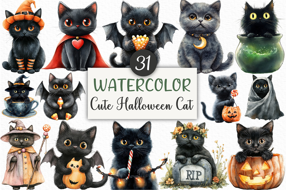 Watercolor Cute Halloween Cat, an Illustration by Craft Nest (Photo 1 of 6)