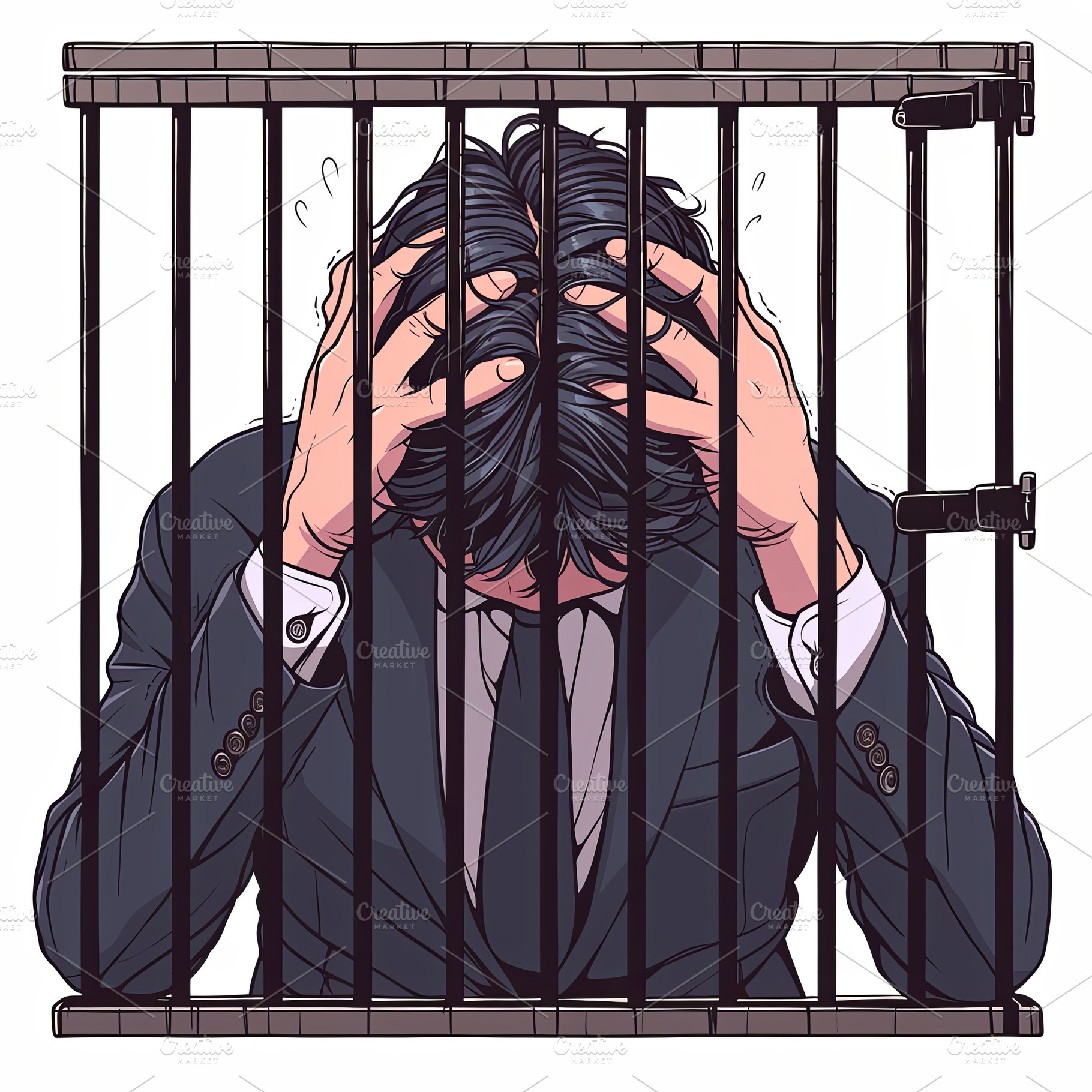 A businessman in distress trapped in a cage holding his head in frustration, a Photo by AS photostudio