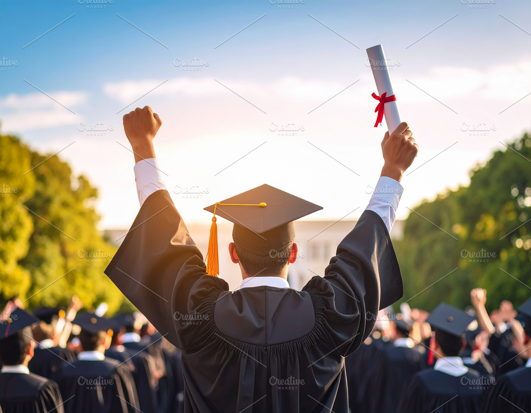 Student receiving a diploma and raising arms in success, a School & Education Photo by DanFLCreativo