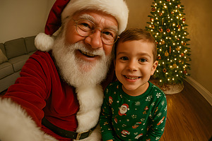 Santa Claus shares a fisheye selfie with happy child, a Holiday Photo by GoodGoods